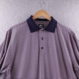 FJ‎ Footjoy Mens Golf Polo Shirt Pink Navy Stripe Short Sleeve Size M Stretch
